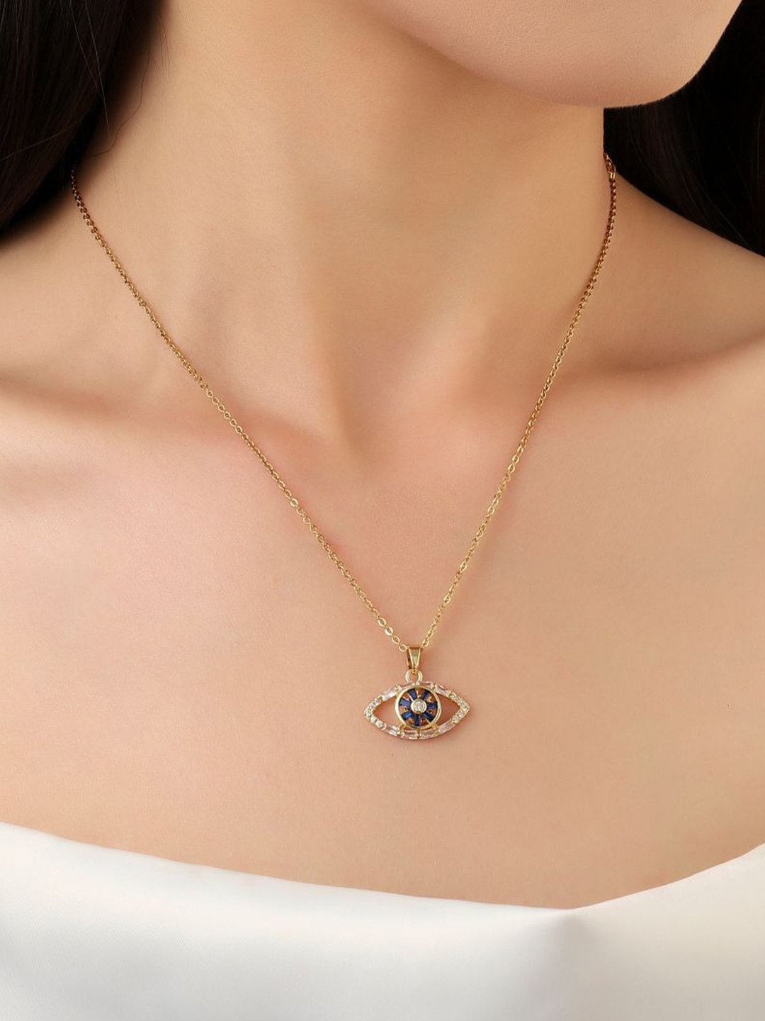 

SALTY Stainless Steel Deemed Studded Evil Eye Pendant With Chain, Gold
