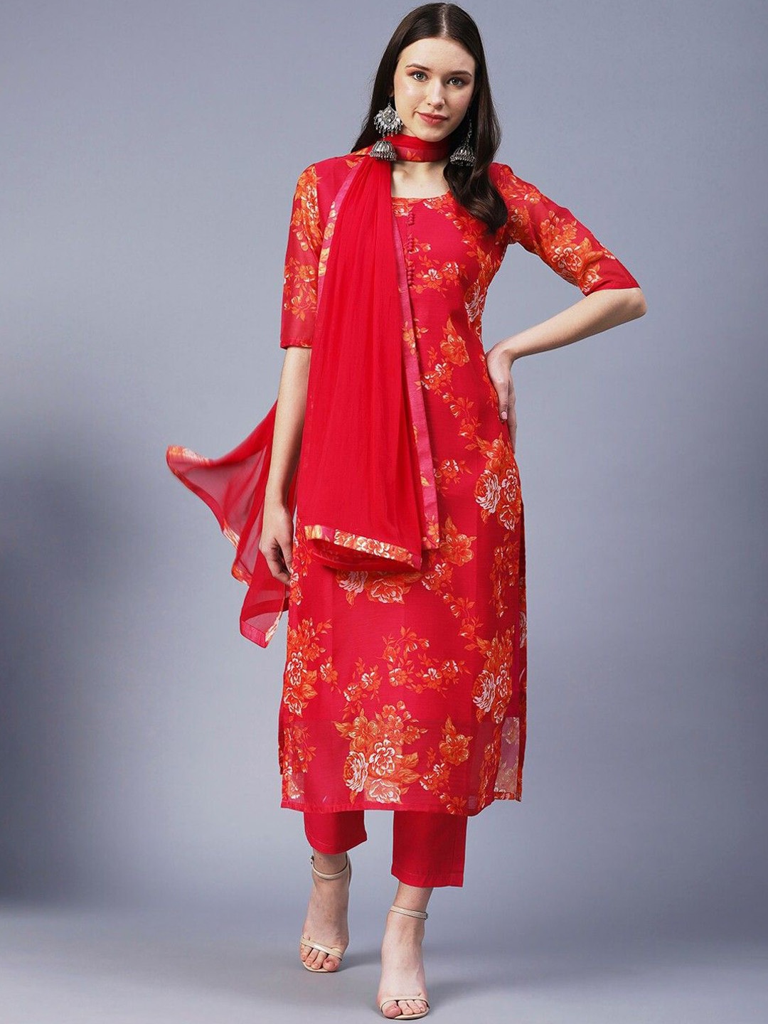 

Anni Designer Floral Printed Regular Straight Kurta with Trousers & Dupatta, Orange