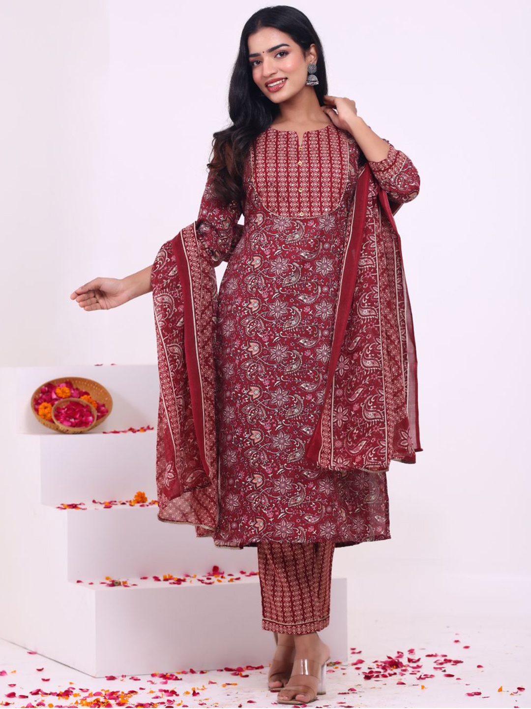 

KALINI Floral Printed Gotta Patti Notch Neck Straight Kurta With Trousers & Dupatta, Maroon