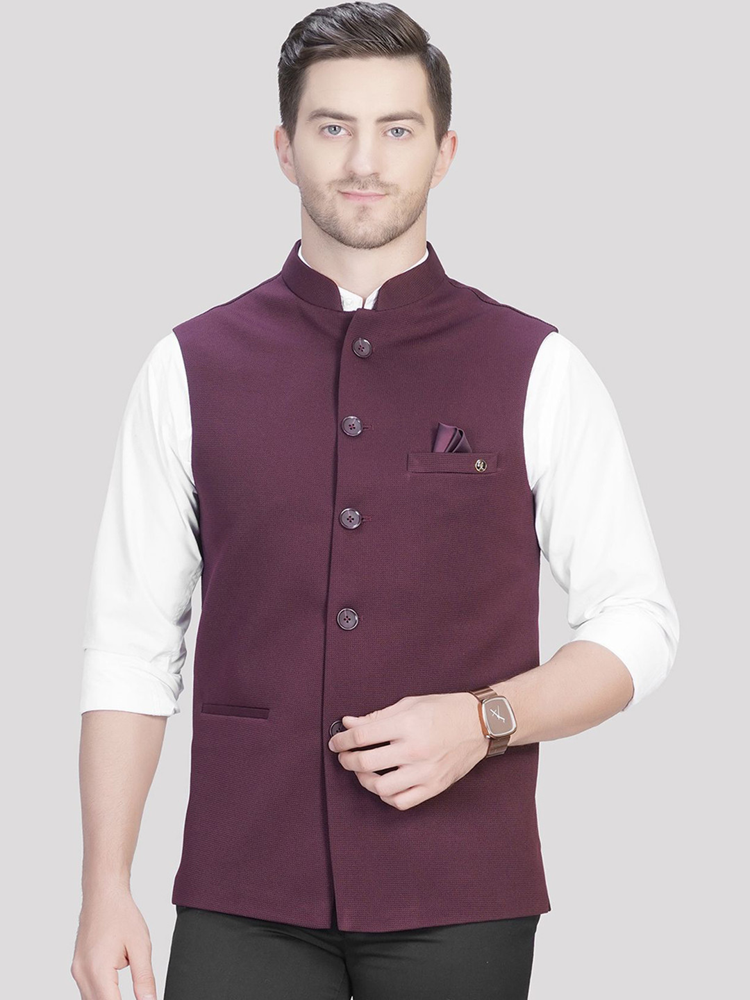 

LA'SCOOT Woven Design Mandarin Collar Nehru Jacket, Maroon