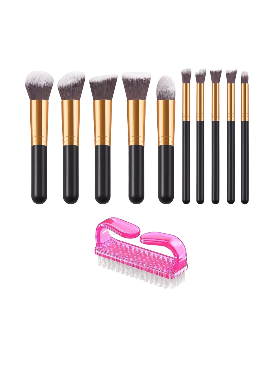 

zemglam Set Of 10 Makeup Brushes & 1pc Nail Cleaning Brush, Gold