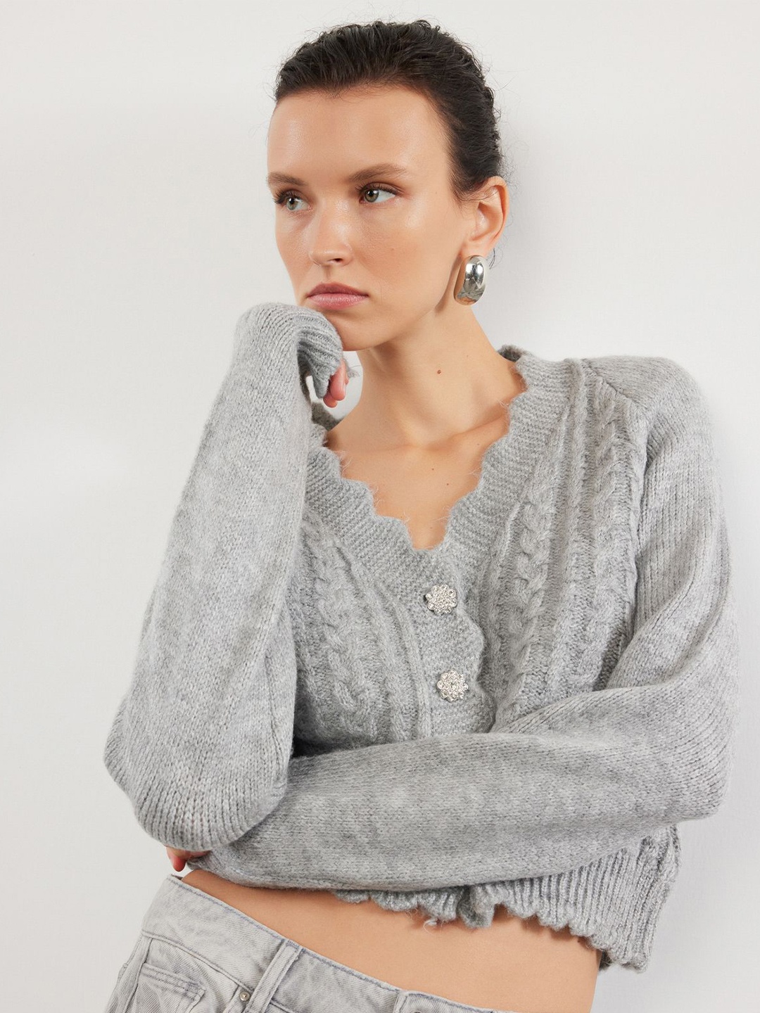 

Trendyol Women Cable Knit Crop Cardigan, Grey