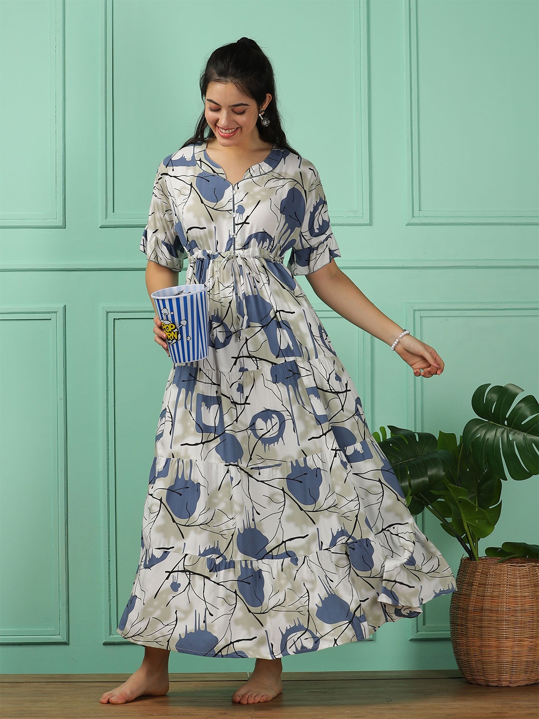 

9shines Label Wpmen Printed Maxi Nightdress, Blue
