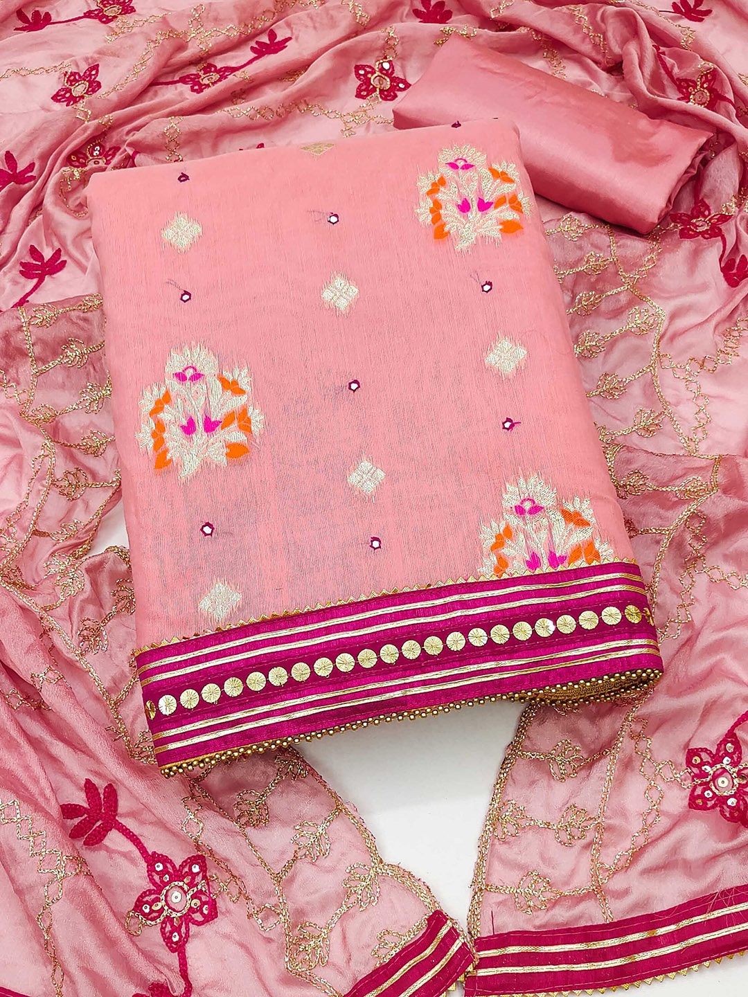 

Ishin Ethnic Motifs Woven Design Mirror Work Unstitched Dress Material, Pink