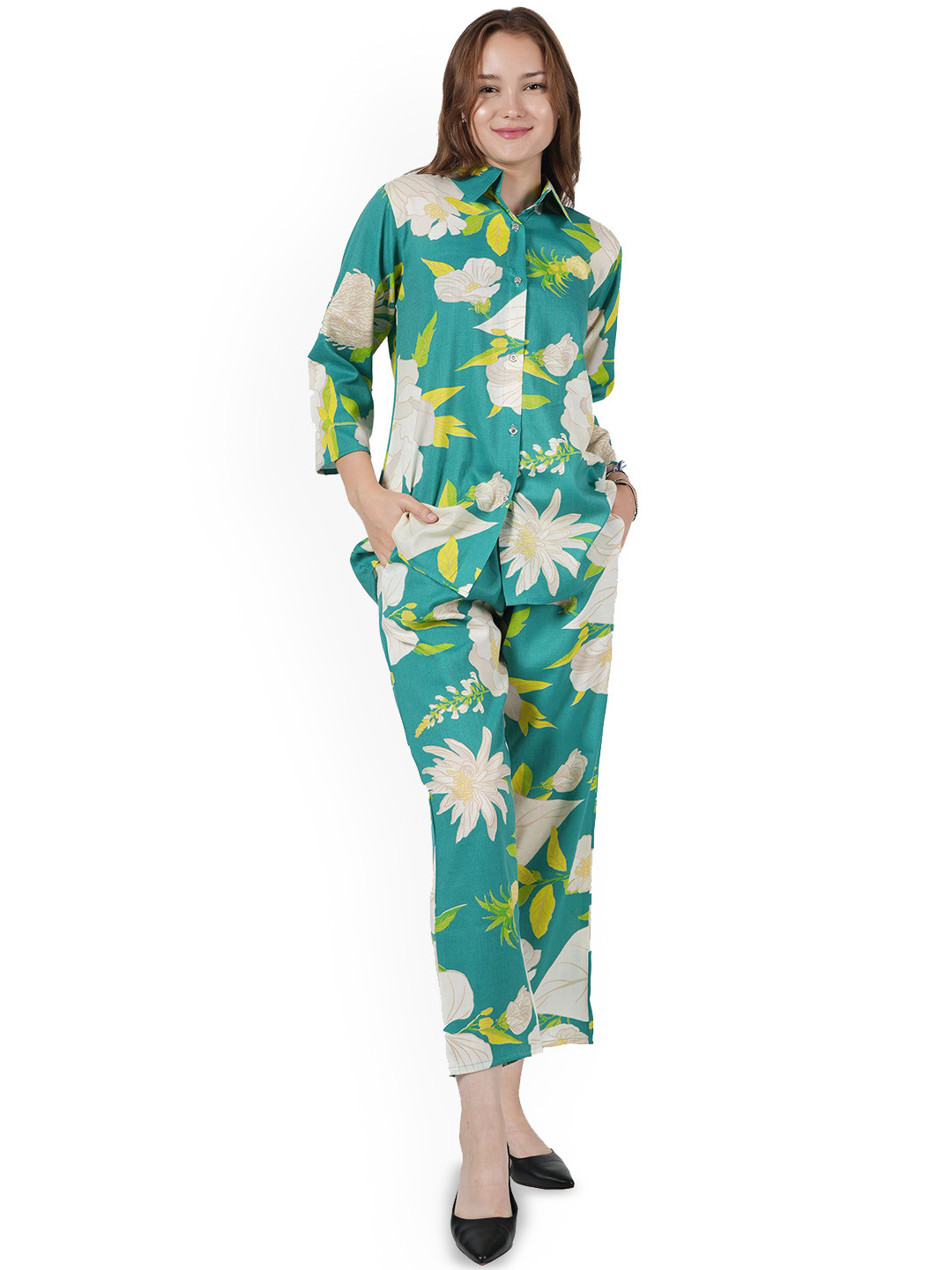 

BAESD Floral Printed Long Sleeves Shirt With Palazzo, Green