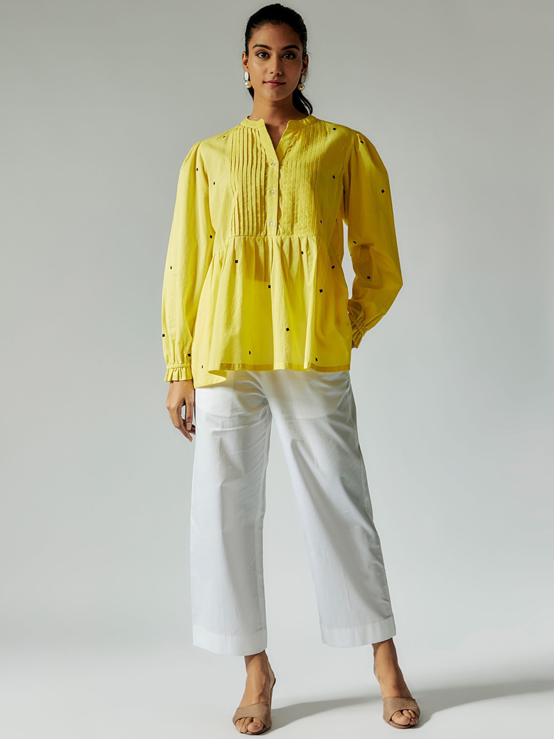 

Maisolos Self Design Mandarin Collar Pure Silk Shirt & Trousers, Yellow