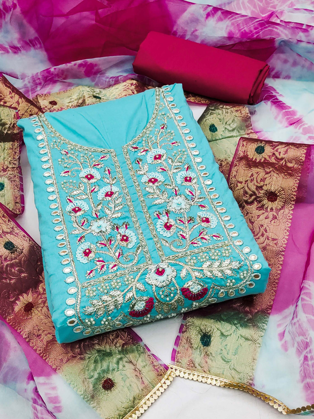 

Ishin Floral Embroidered Unstitched Dress Material, Sea green