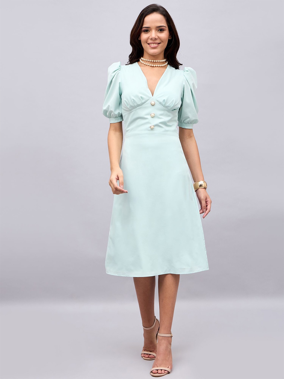 

STYLE BLUSH Puff Sleeves A-Line Dress, Sea green