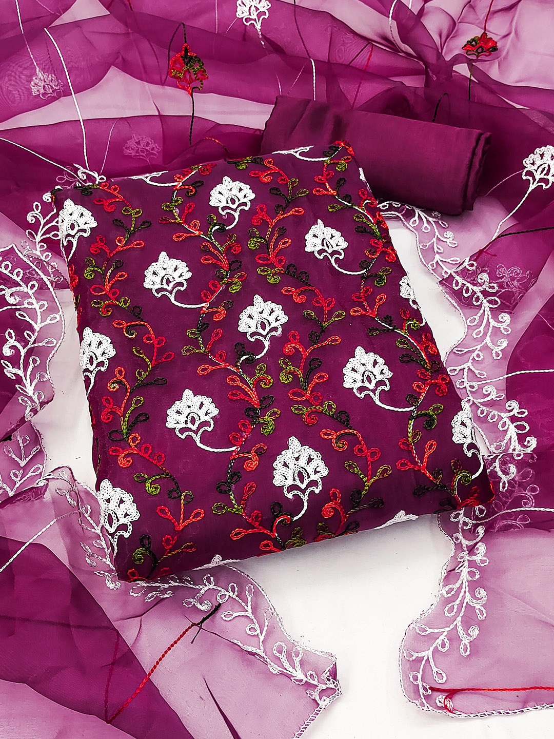 

Ishin Floral Embroidered Organza Unstitched Dress Material, Purple