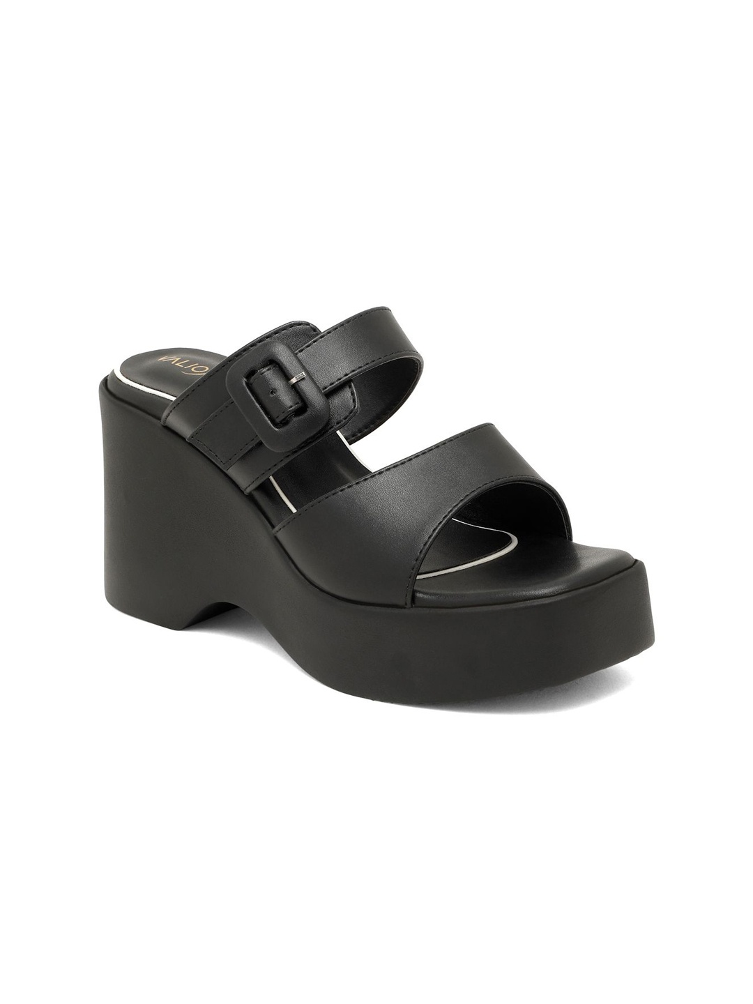 

VALIOSAA Buckle Detail Solid Wedge Sandals, Black