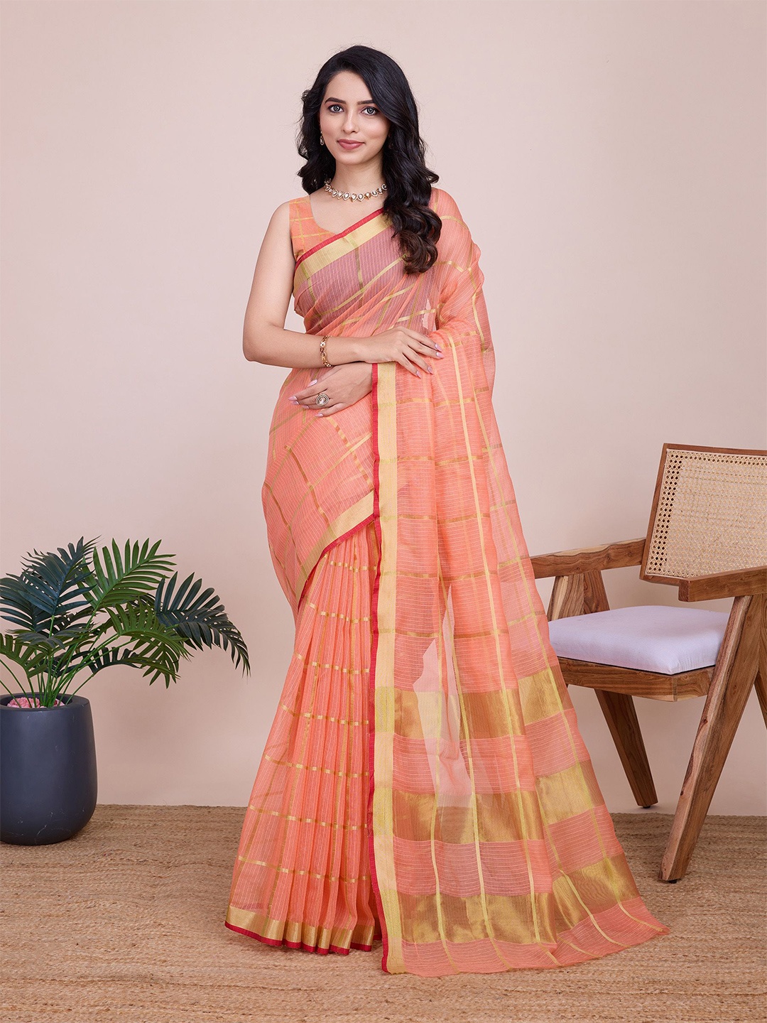 

BerMondsey Checked Woven Design Zari Chanderi Saree, Orange