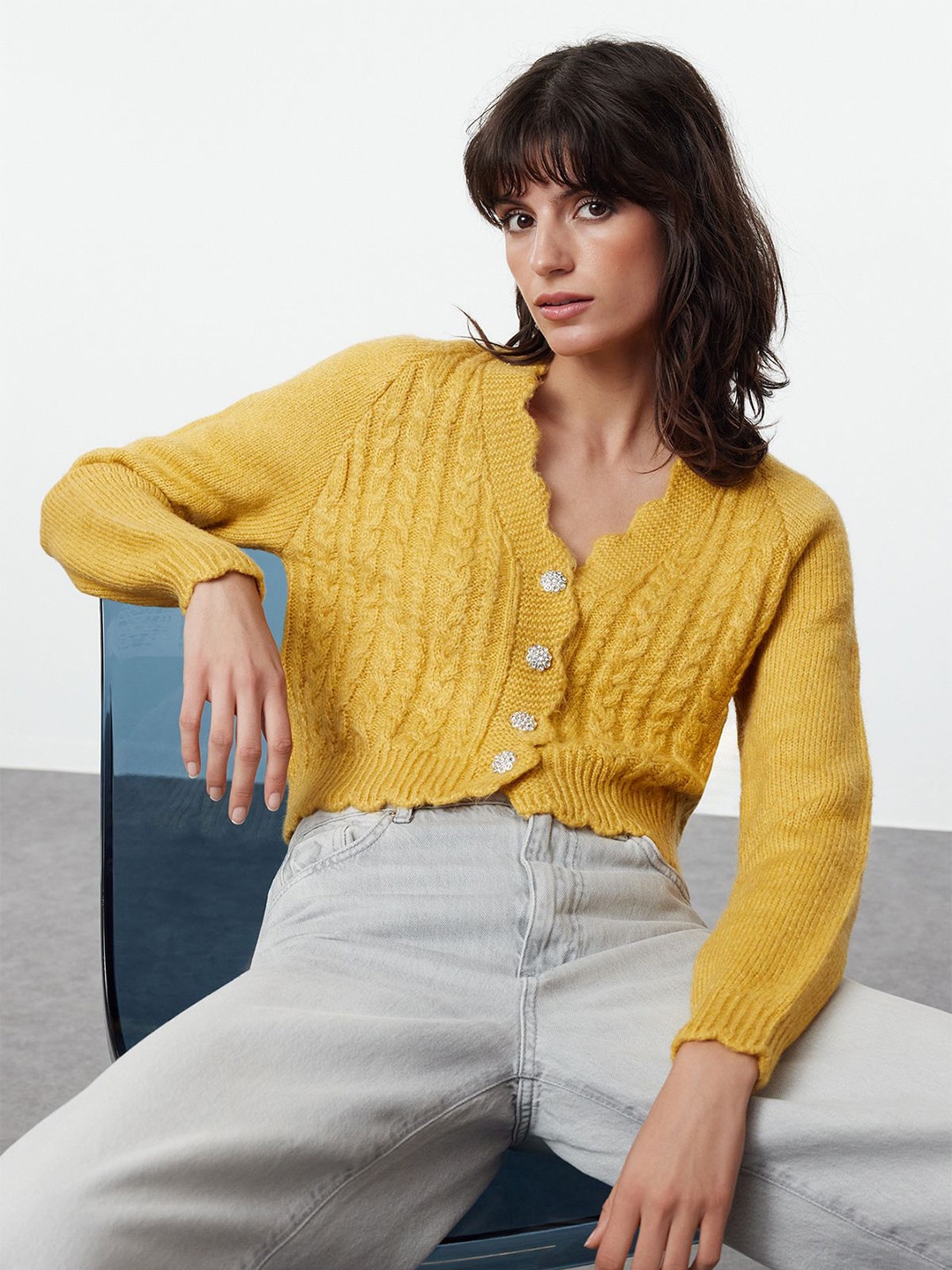 

Trendyol Women Cable Knit Crop Cardigan, Yellow