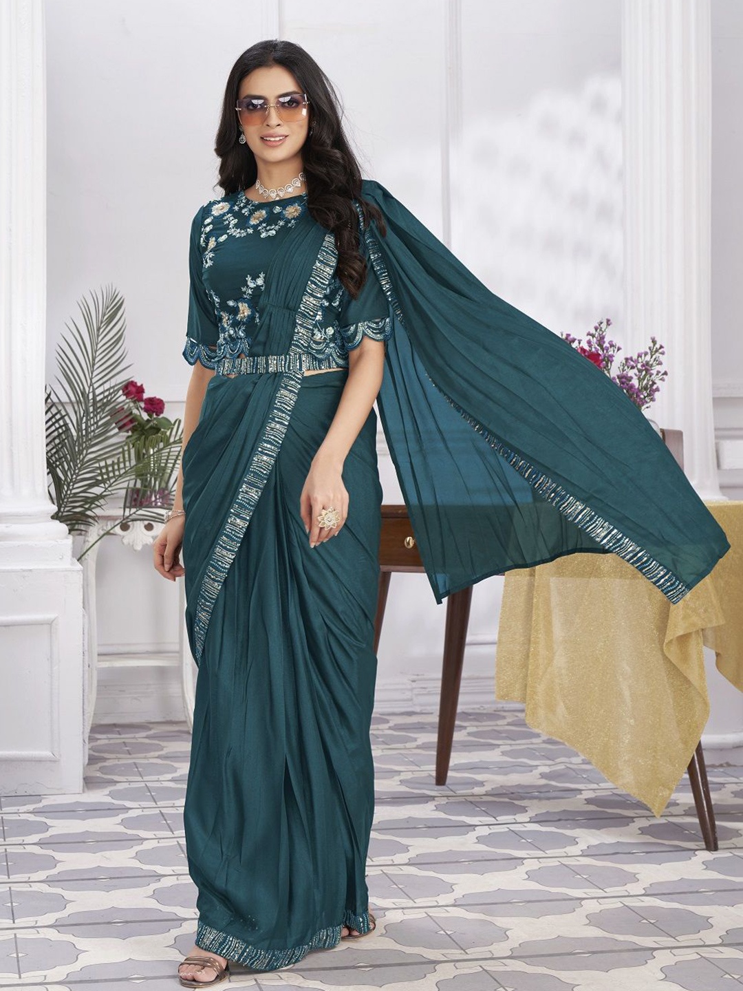

JIVORA Beads and Stones Pure Georgette Ready to Wear Saree, Turquoise blue