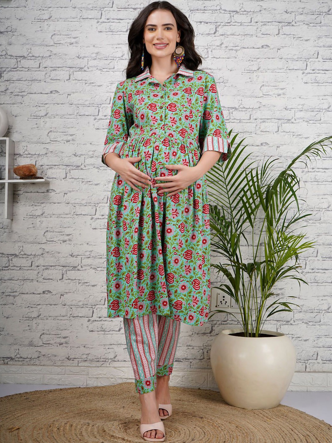 

angloindu Floral Printed Regular Maternity Pure Cotton A-Line Kurta with Trousers, Green