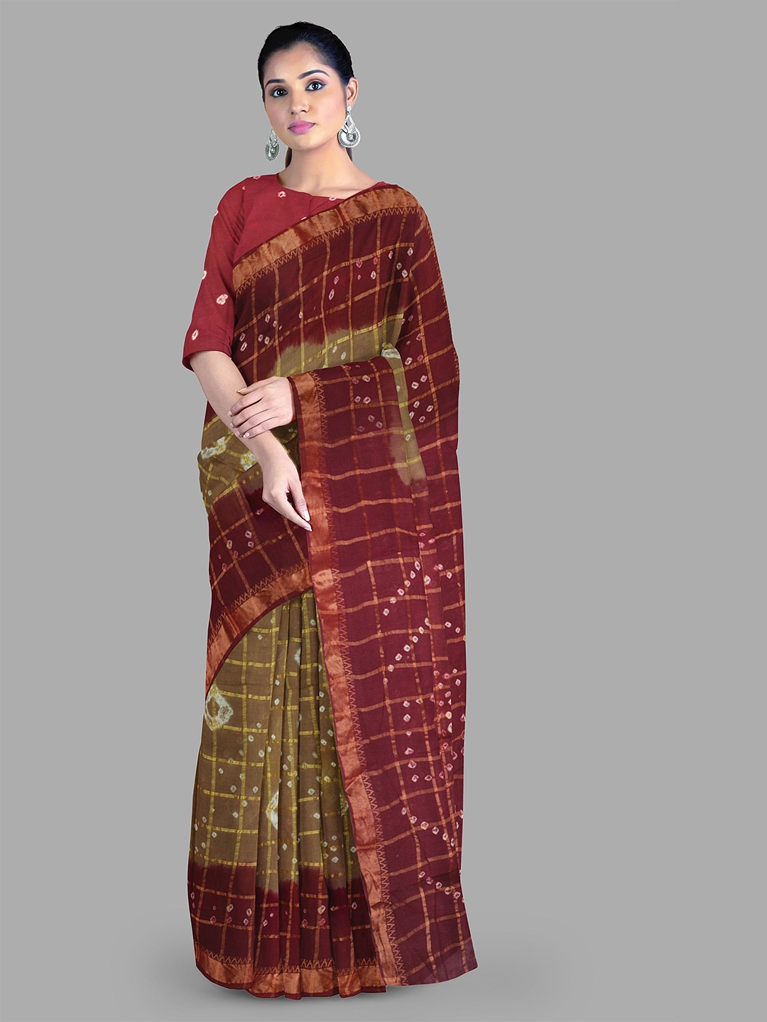 

The Chennai Silks Batik Zari Pure Cotton Chanderi Saree, Khaki