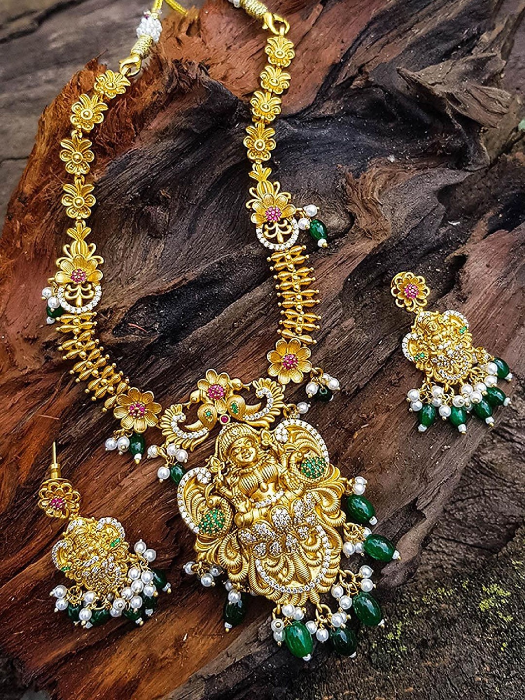 

GRIIHAM Gold-Plated CZ Studded & Beaded Temple Brass Necklace and Earrings