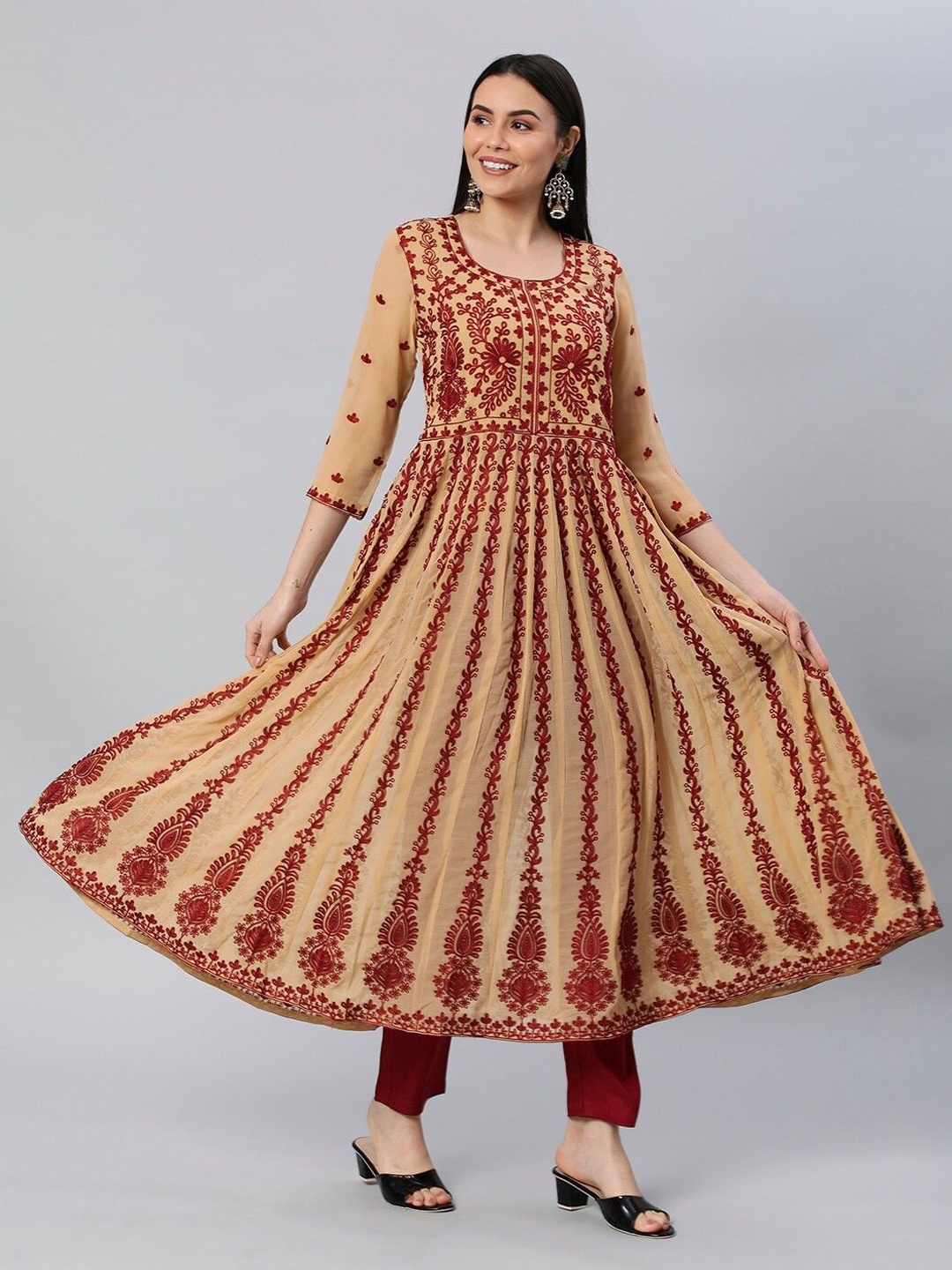 

Anni Designer Floral Embroidered Round Neck Thread Work Anarkali Kurta, Beige
