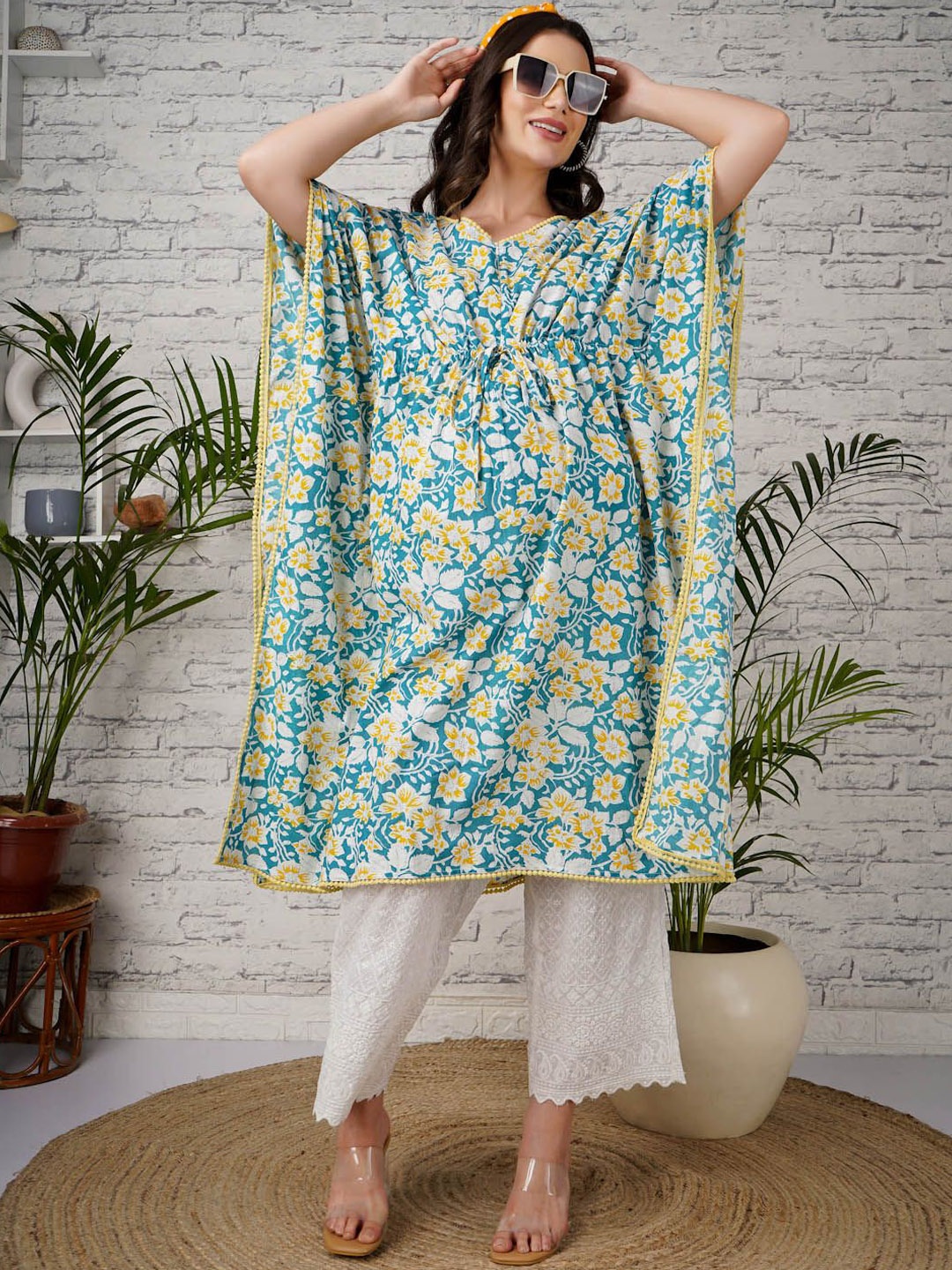 

angloindu Floral Printed Regular Maternity Pure Cotton Kaftan Kurta with Trousers, Blue