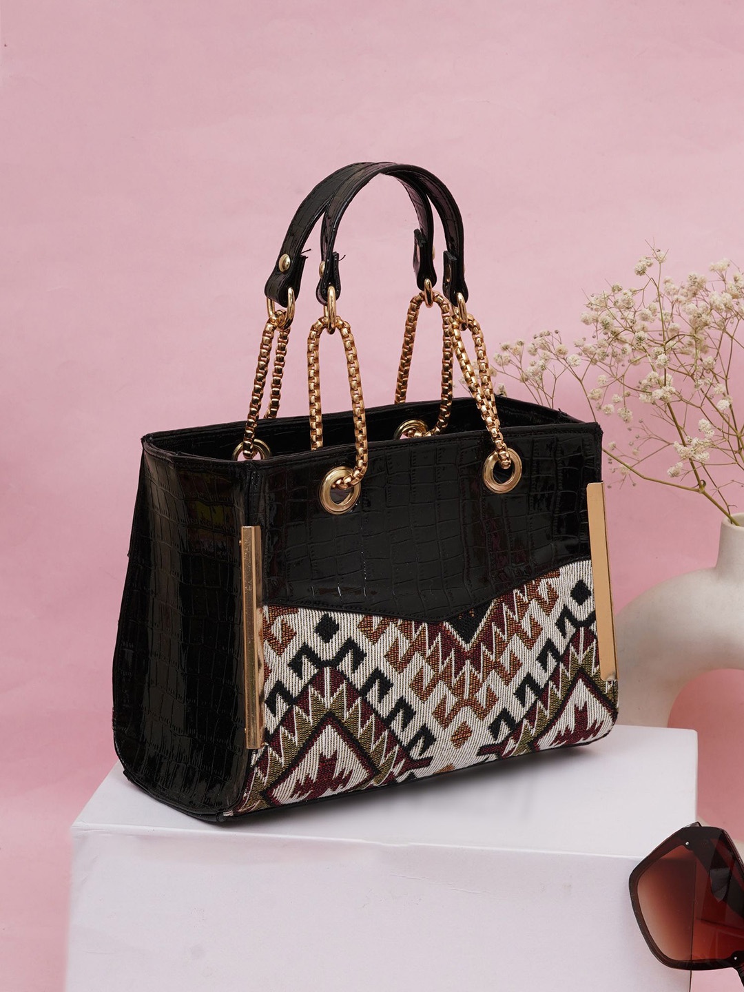 

FABBHUE Geometric Printed Structured Handheld Bag, Black