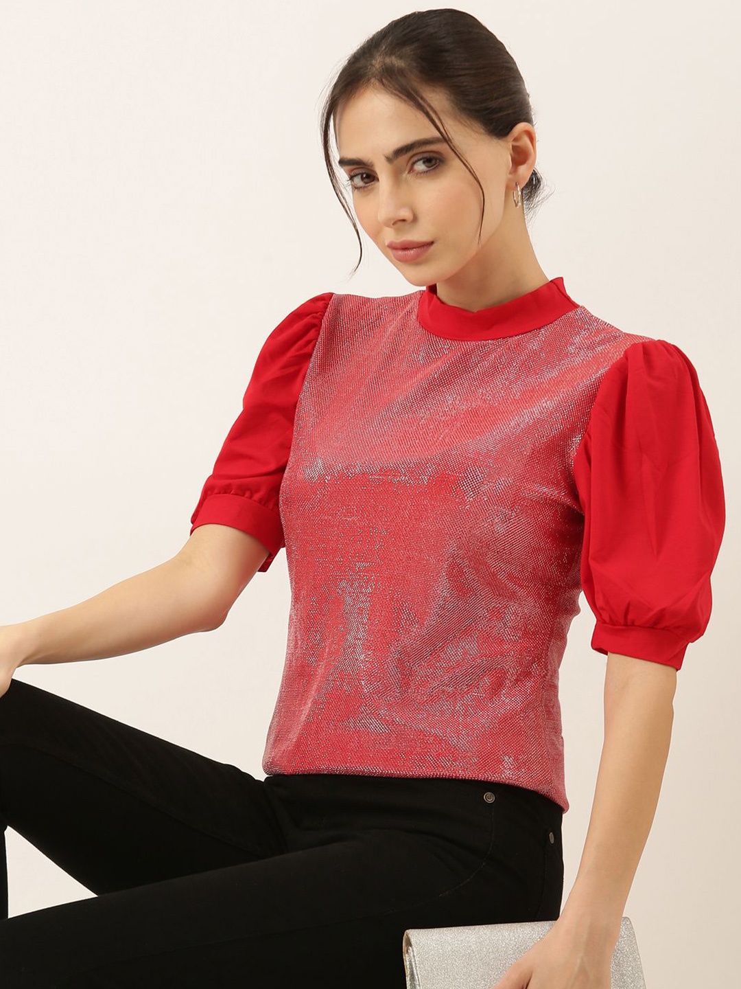 

SHOWOFF Puff Sleeve Crepe Top, Red