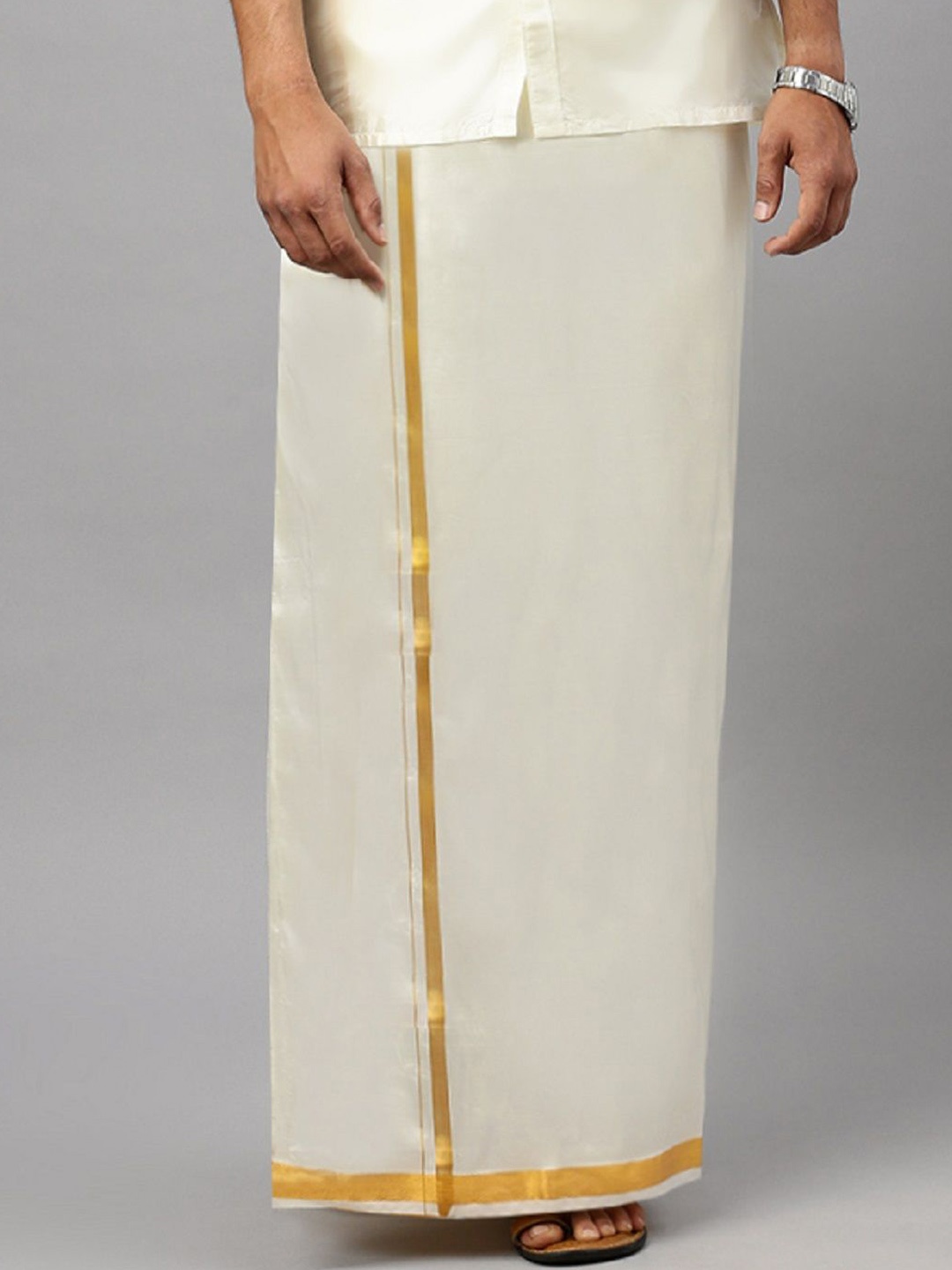 

Ramraj Men Pure Cotton Dhoti with Golden Zari Border, Cream