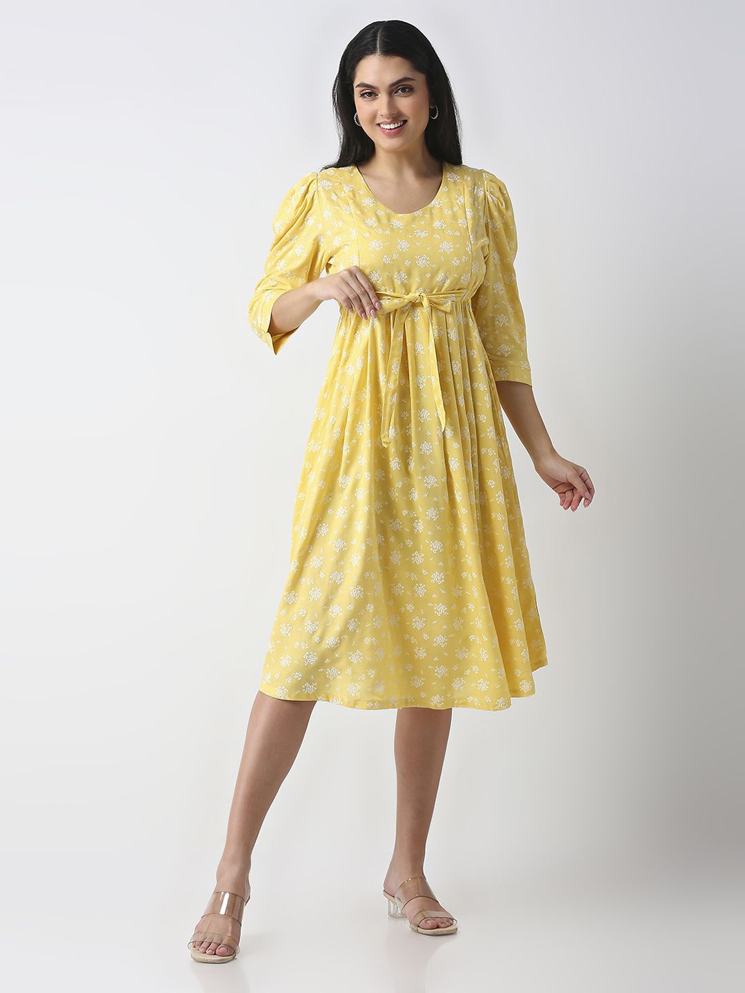 

MeeMee Ethnic Motifs Printed Tie-Ups Detail Maternity Fit & Flare Dress, Yellow