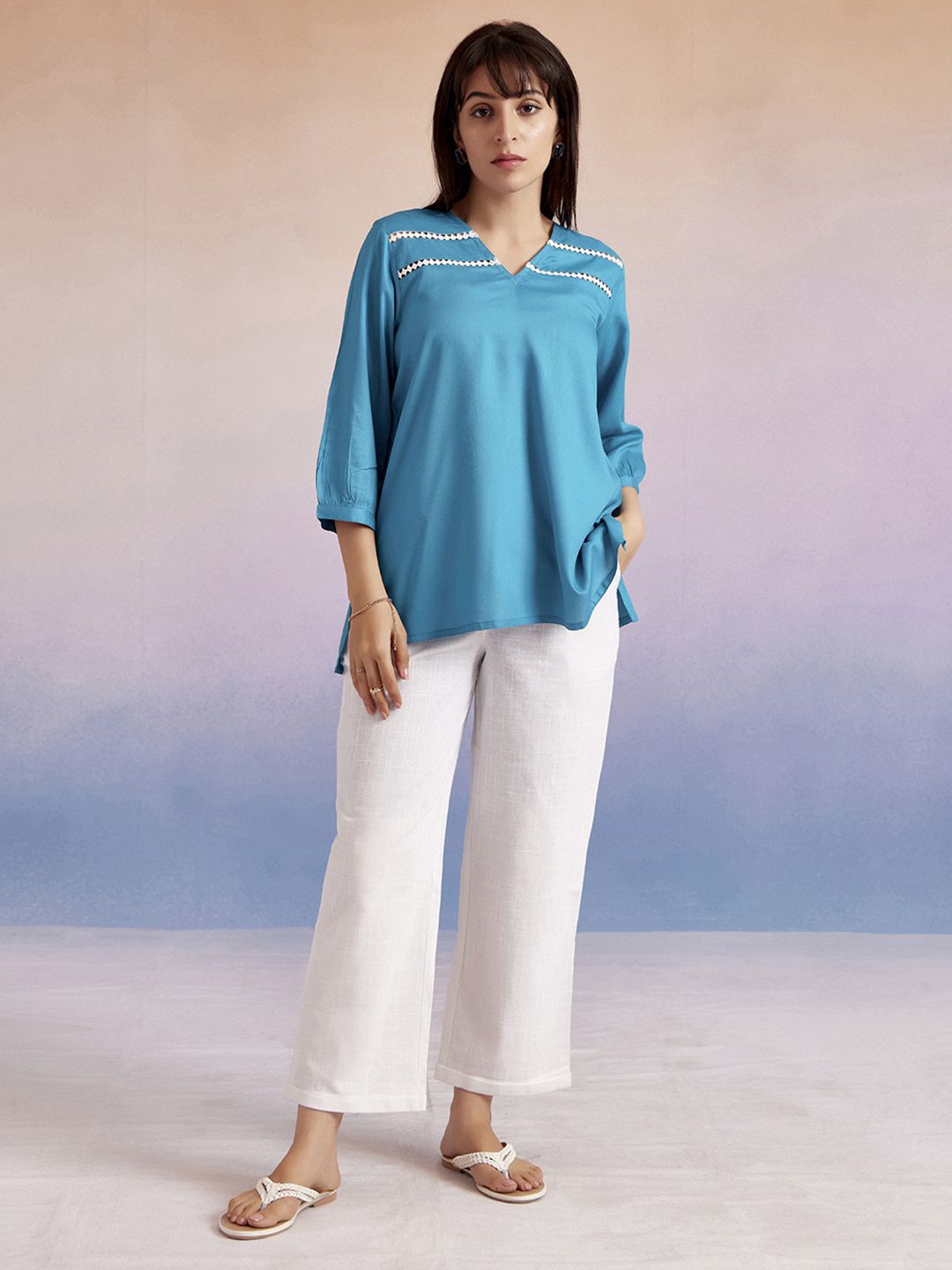 

Jaipur Kurti Women Solid High-Low Casual Top, Turquoise blue