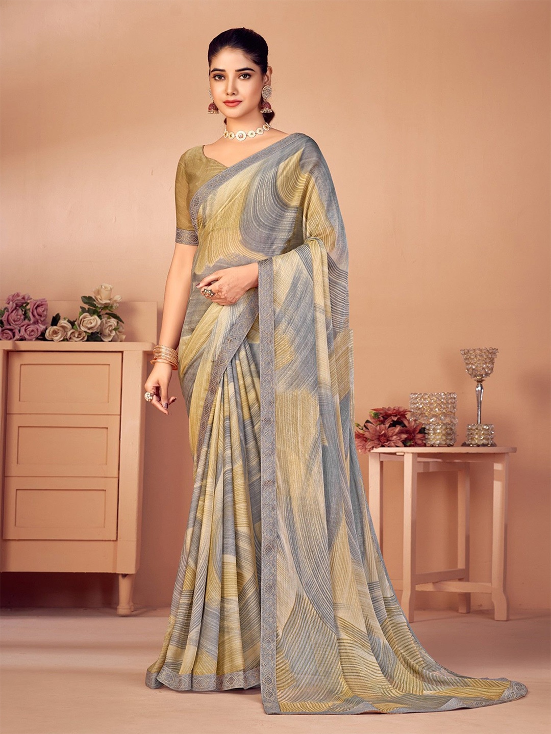 

KALINI Zari Women's Abstract Printed & Banarasi Border Saree, Grey