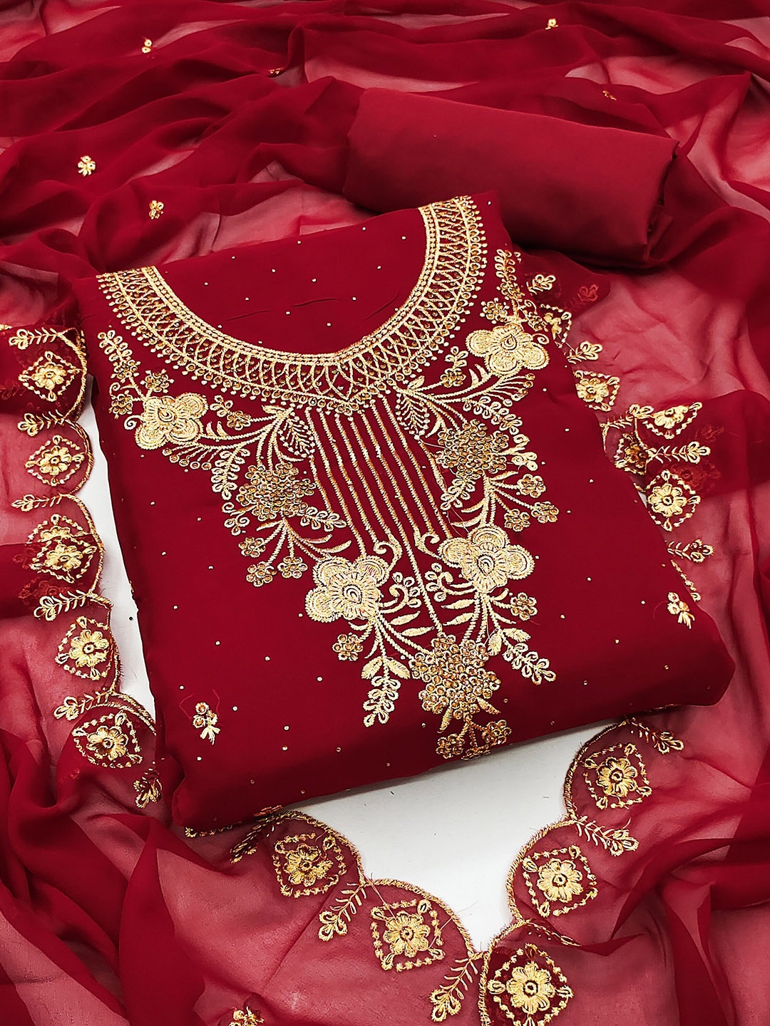 

Ishin Ethnic Motifs Embroidered Sequinned Silk Georgette Unstitched Dress Material, Maroon