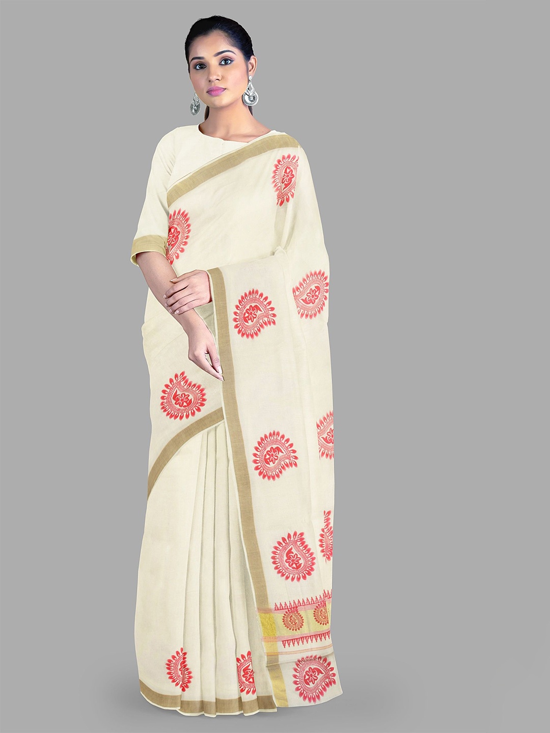 

The Chennai Silks Paisley Zari Pure Cotton Kasavu Saree, Off white