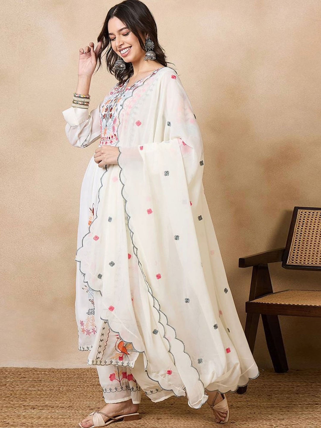 

KALINI Ethnic Motifs Embroidered Straight Kurta with Trousers & Dupatta, White