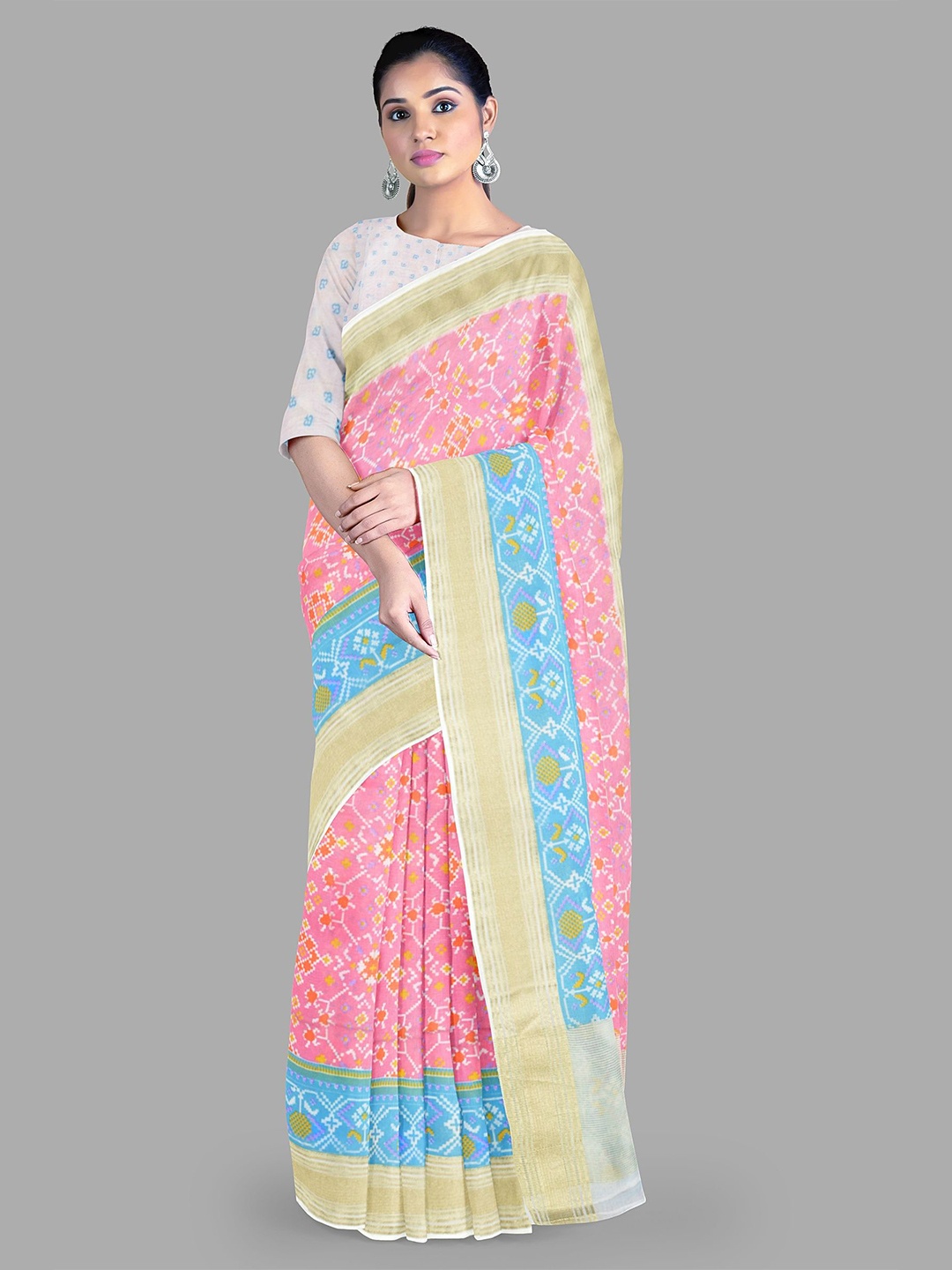 

The Chennai Silks Geometric Printed Pure Cotton Gadwal Saree, Pink