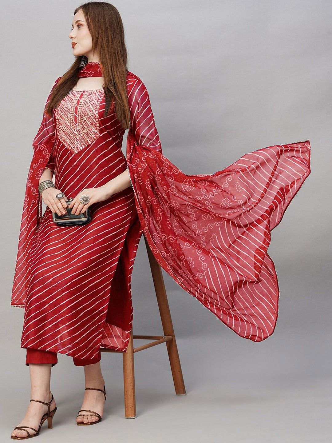 

Anni Designer Embroidered Mirror Work Regular Straight Kurta with Trousers & Dupatta, Red