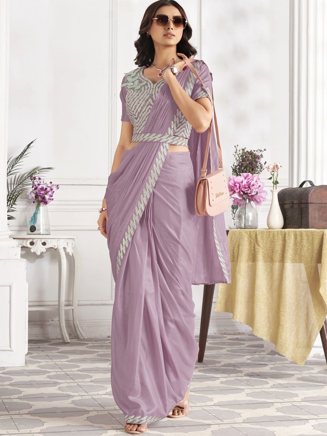 

JIVORA Embroidered Satin Ready to Wear Saree, Mauve