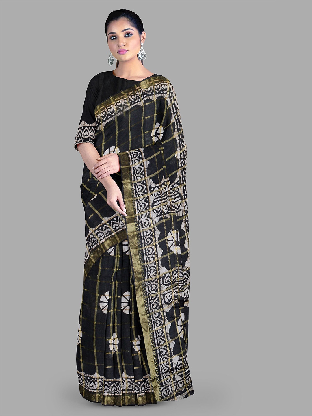 

The Chennai Silks Batik Zari Pure Cotton Chanderi Saree, Black