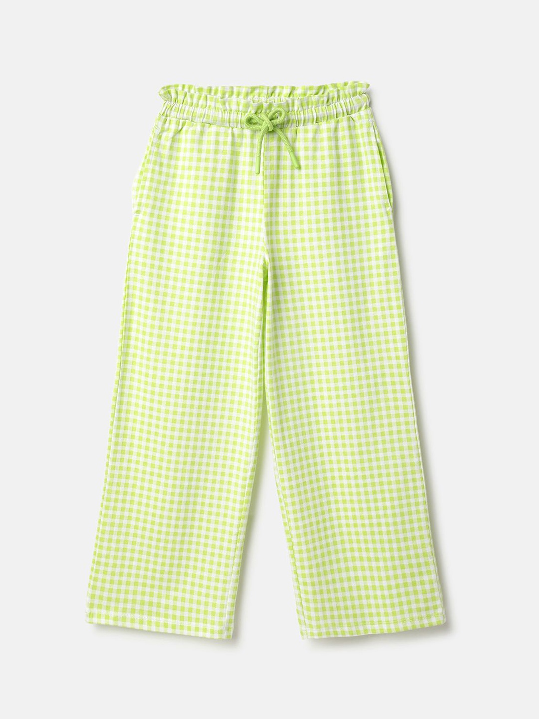 

United Colors of Benetton Girls Checked Relaxed Pure Cotton Parallel Trousers, Lime green