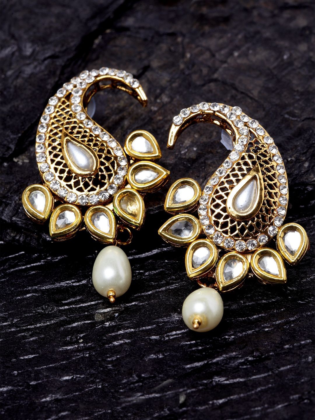 

ANIKAS CREATION Gold-Plated Kundan Beaded Contemporary Drop Earrings