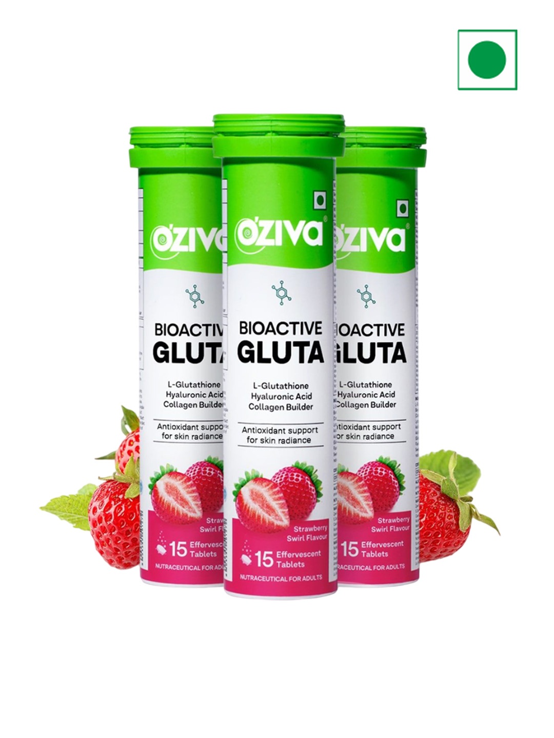 

OZiva Set Of 3 Bioactive Gluta Effervescent Tablets Strawberry Swirl-15 Tablet Each, Green