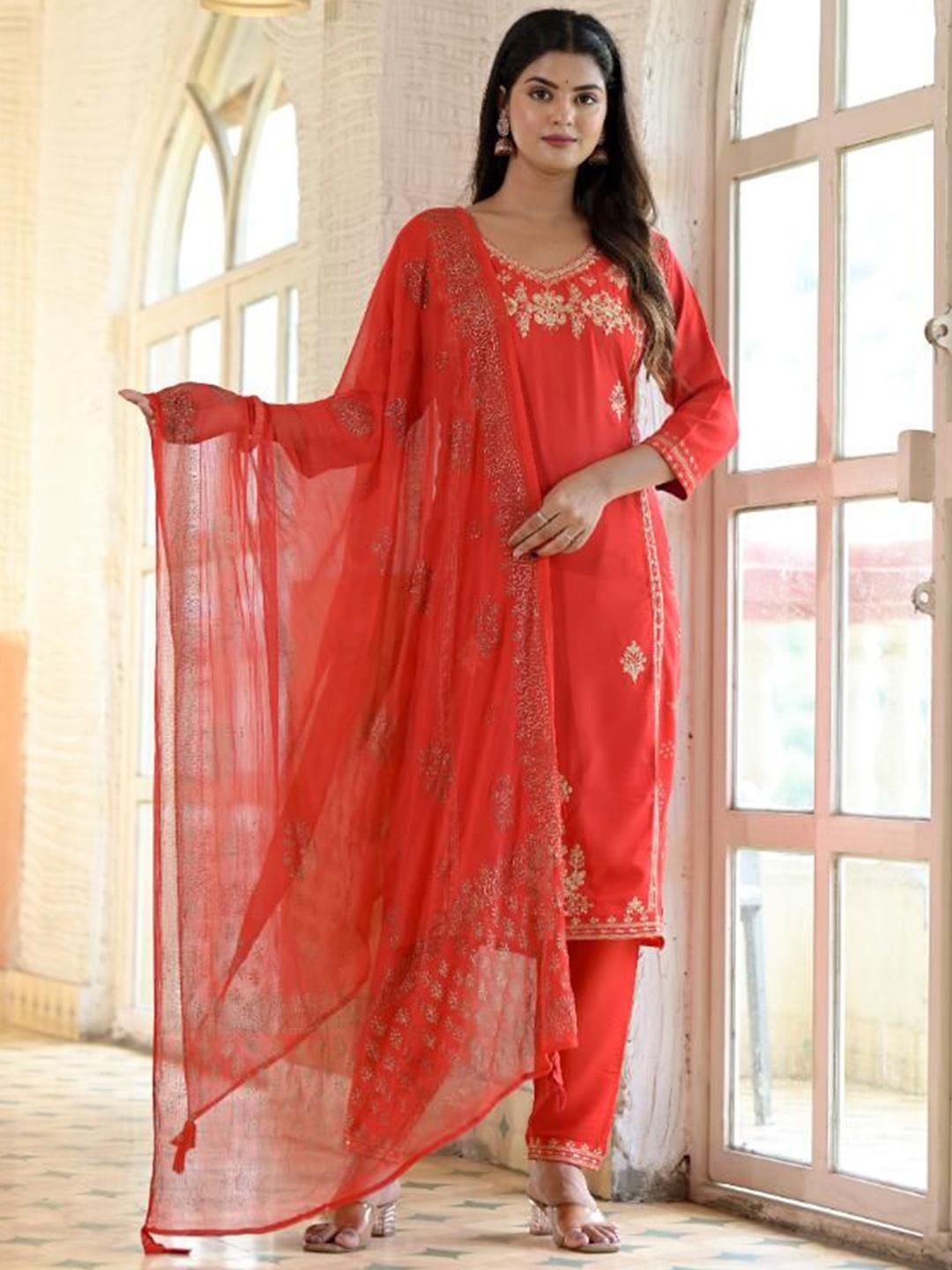 

FLAVIA CREATION Floral Embroidered Round Neck A-Line Kurta With Trouser And Dupatta, Red