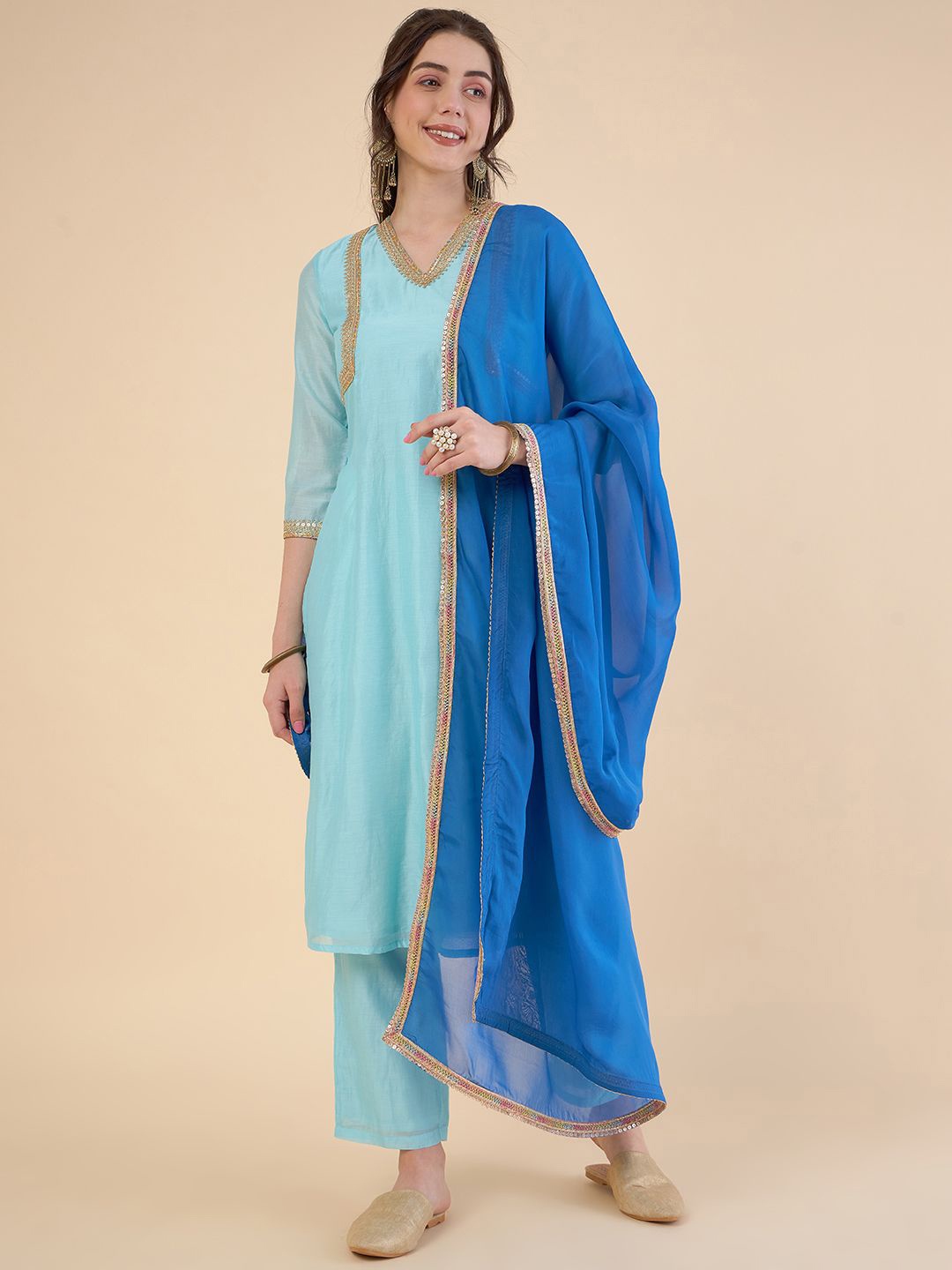 

ADORNIA Straight Gotta Patti Kurta with Trousers & Dupatta, Sea green