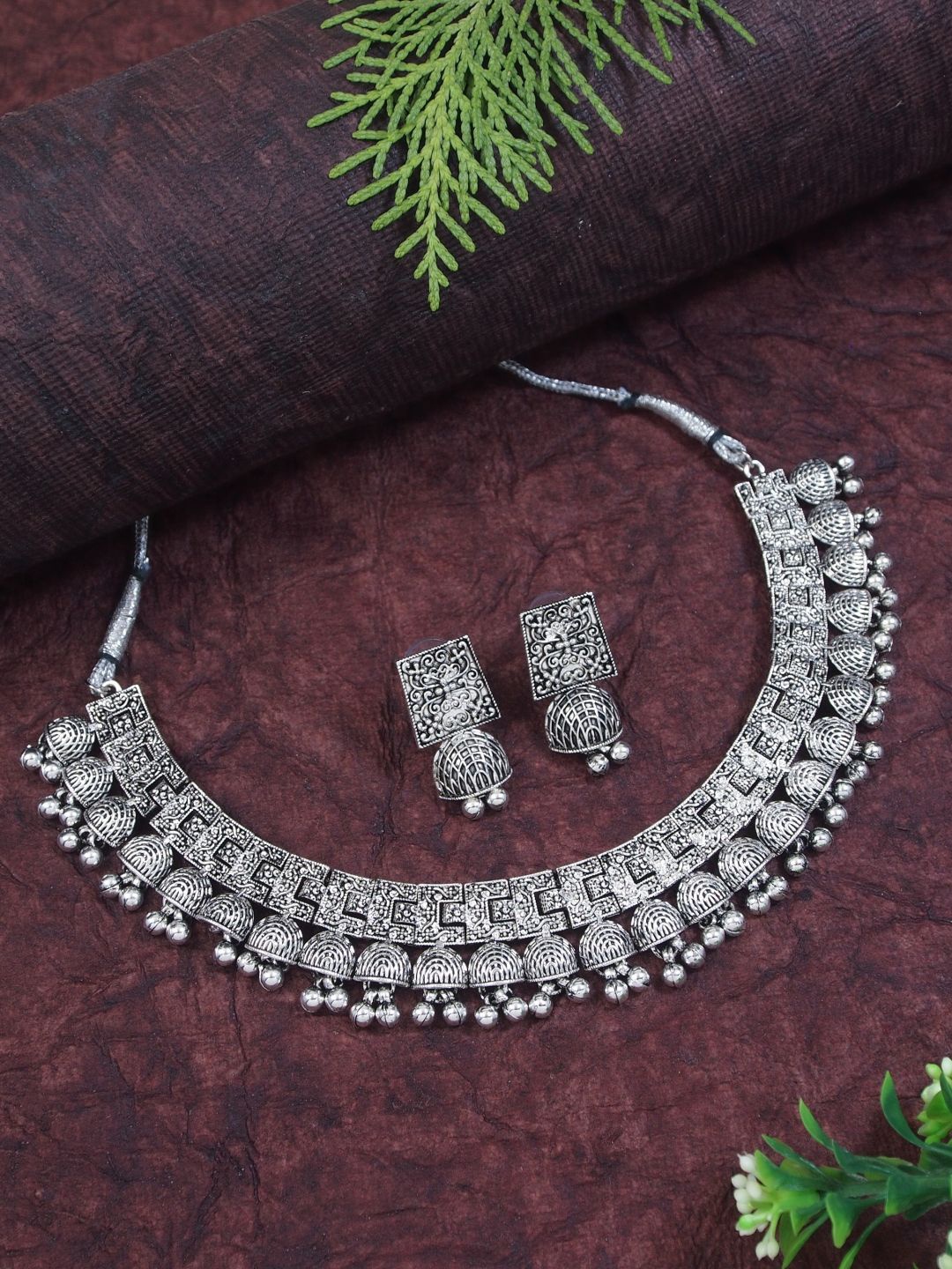 

I Jewels Silver Plated Oxidised Ghungroo Jewellery Set
