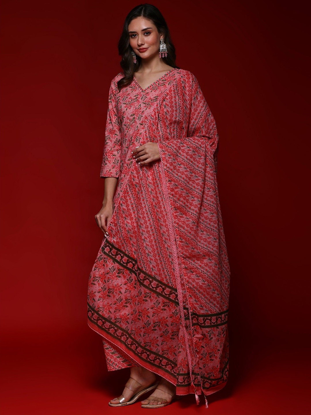 

Peachmode Floral Printed V-Neck Pure Cotton Kurta With Trousers & Dupatta, Pink