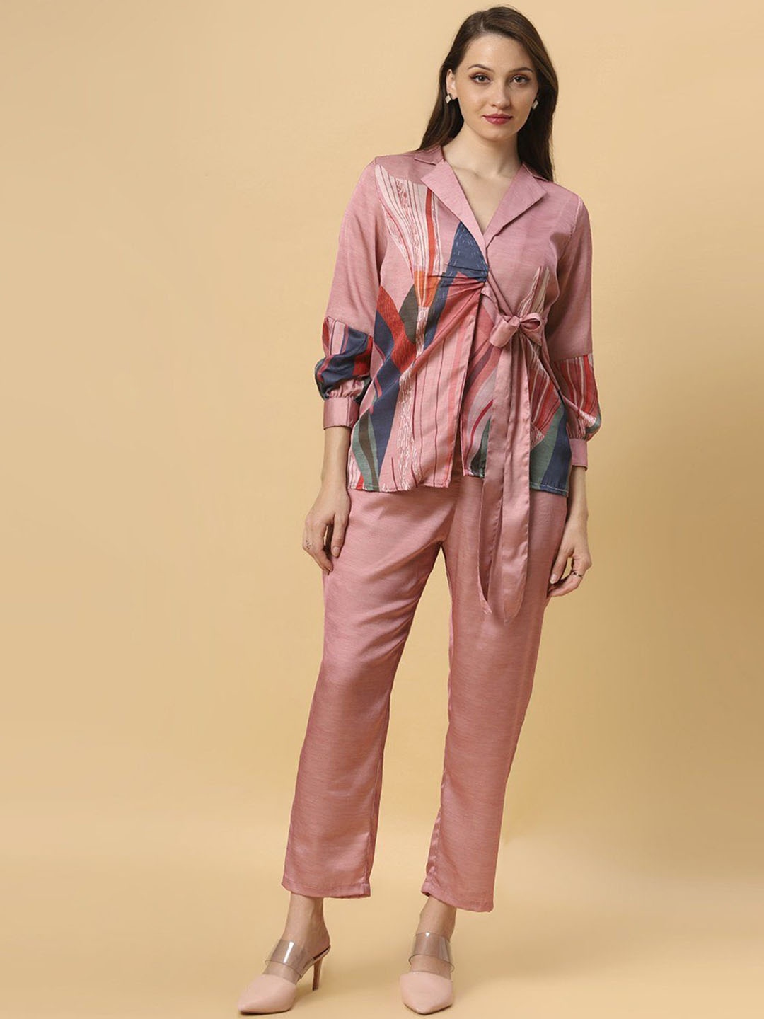 

Kaftanize Abstract Printed Notch Lapel Collar Cuffed Sleeves Shirt With Trousers, Mauve