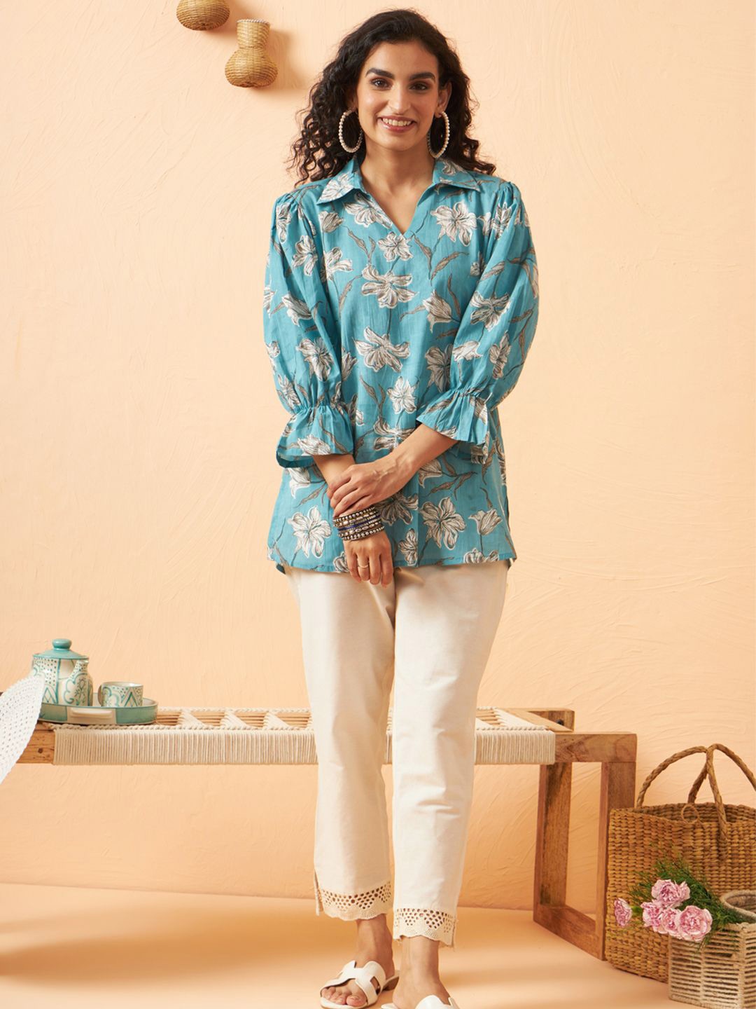 

ARAVALII Printed Pure Cotton Tunic, Turquoise blue