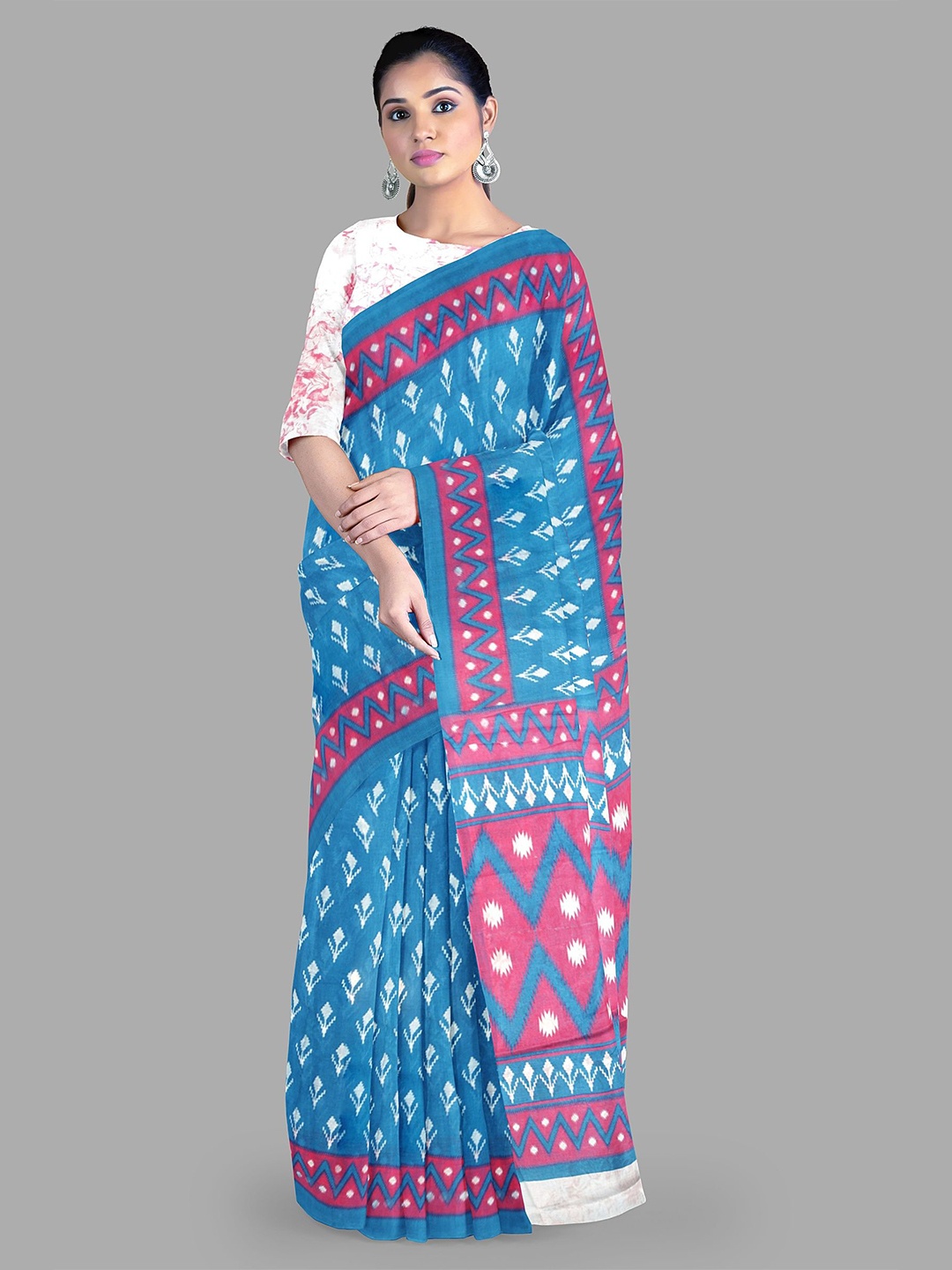

The Chennai Silks Floral Printed Pure Cotton Gadwal Saree, Blue