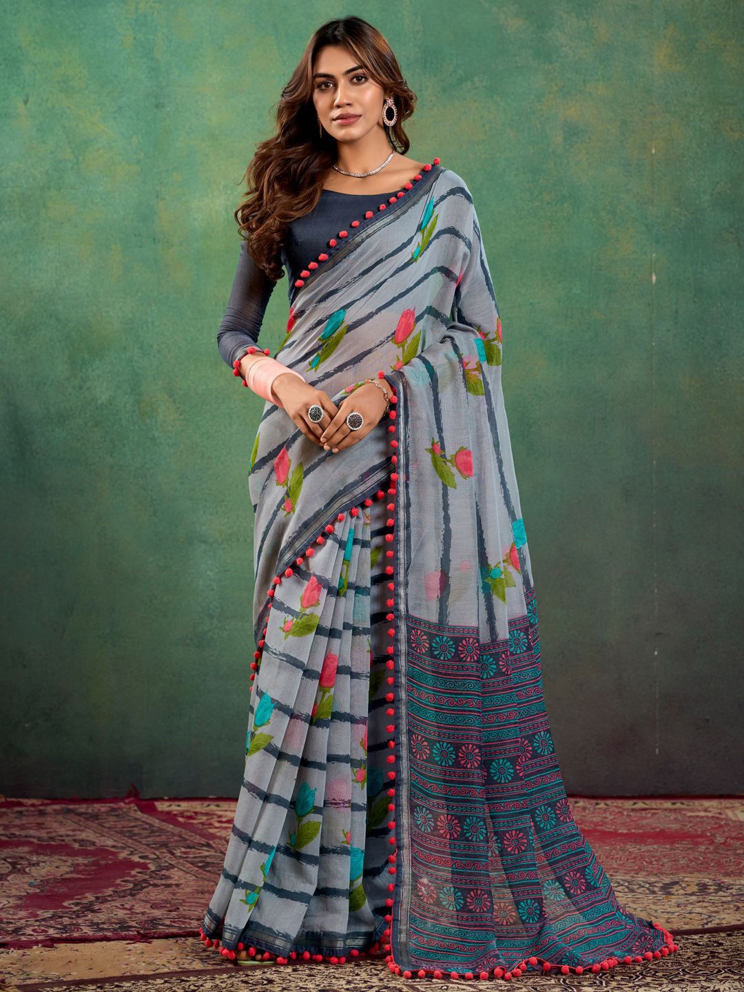 

Saree mall Grey Cotton Ethnic Embellished Striped Bagh Sarees with Matching Blouse