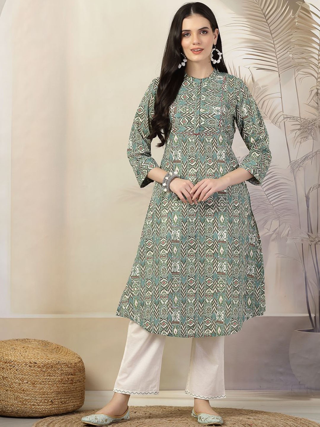 

Nayam By Lakshita Geometric Printed Mandarin Collar A-Line Kurta With Palazzos, Green