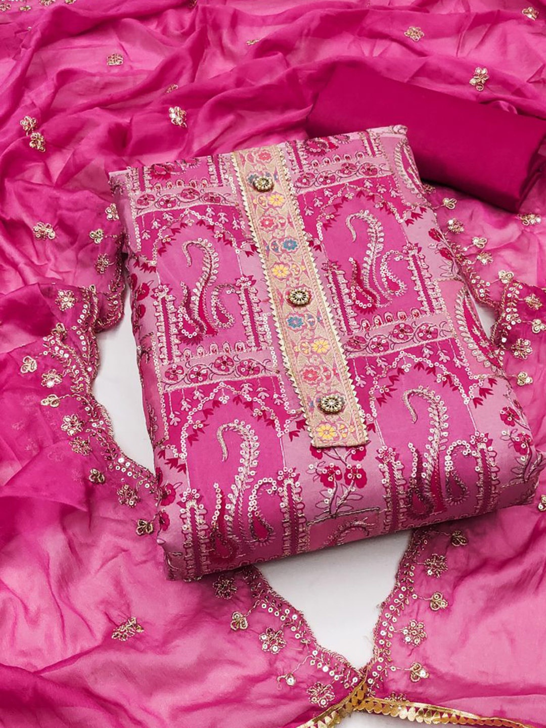 

ASISA Paisley Embroidered Sequinned Organza Unstitched Dress Material, Magenta