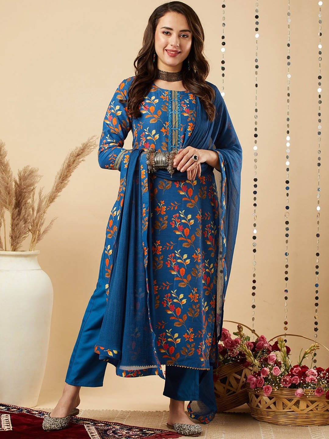 

Anni Designer Floral Printed Regular Straight Kurta with Trousers & Dupatta, Blue