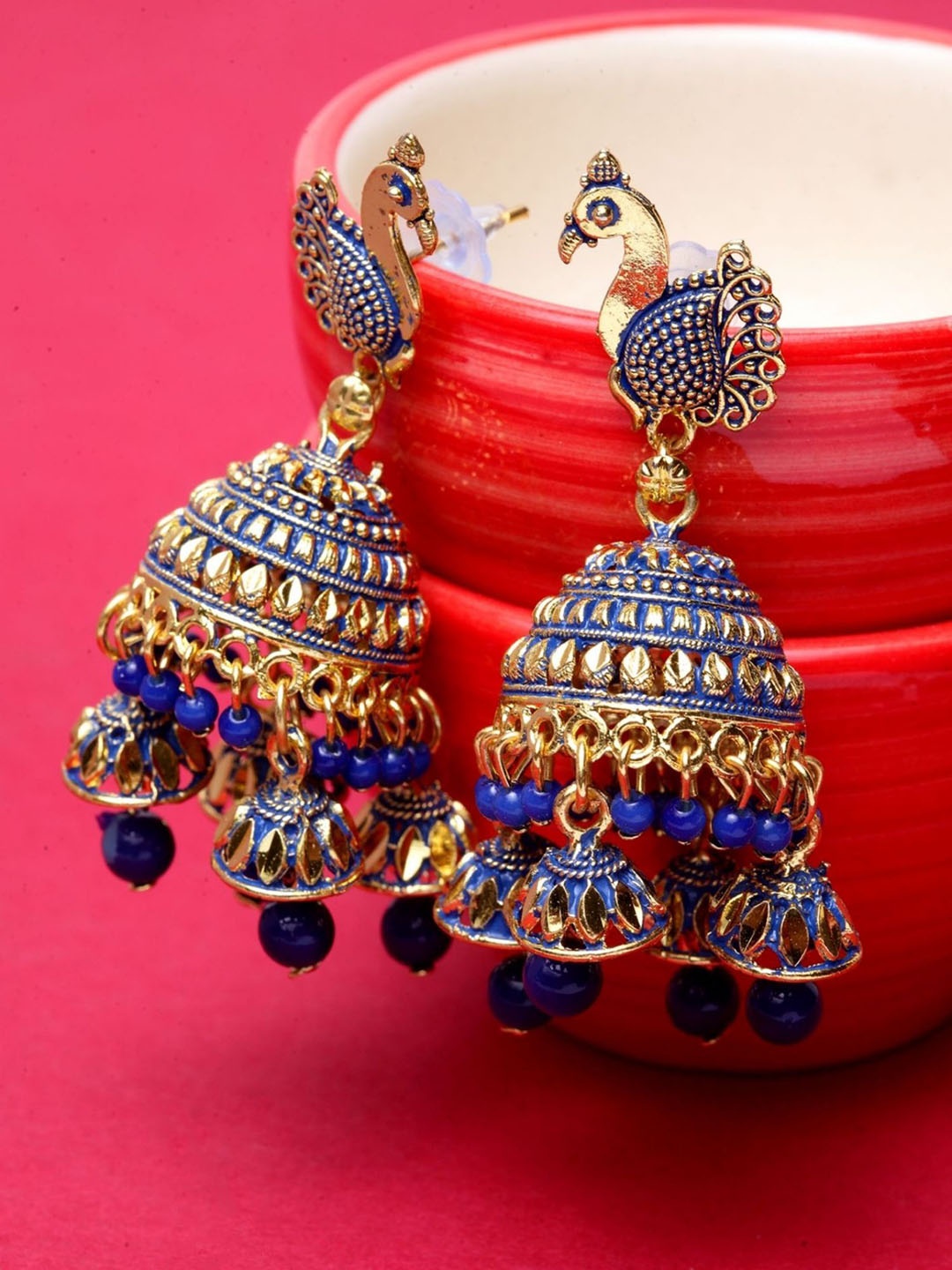 

ANIKAS CREATION Gold Plated Beaded Peacock Dome Shaped Enamelled Jhumkas